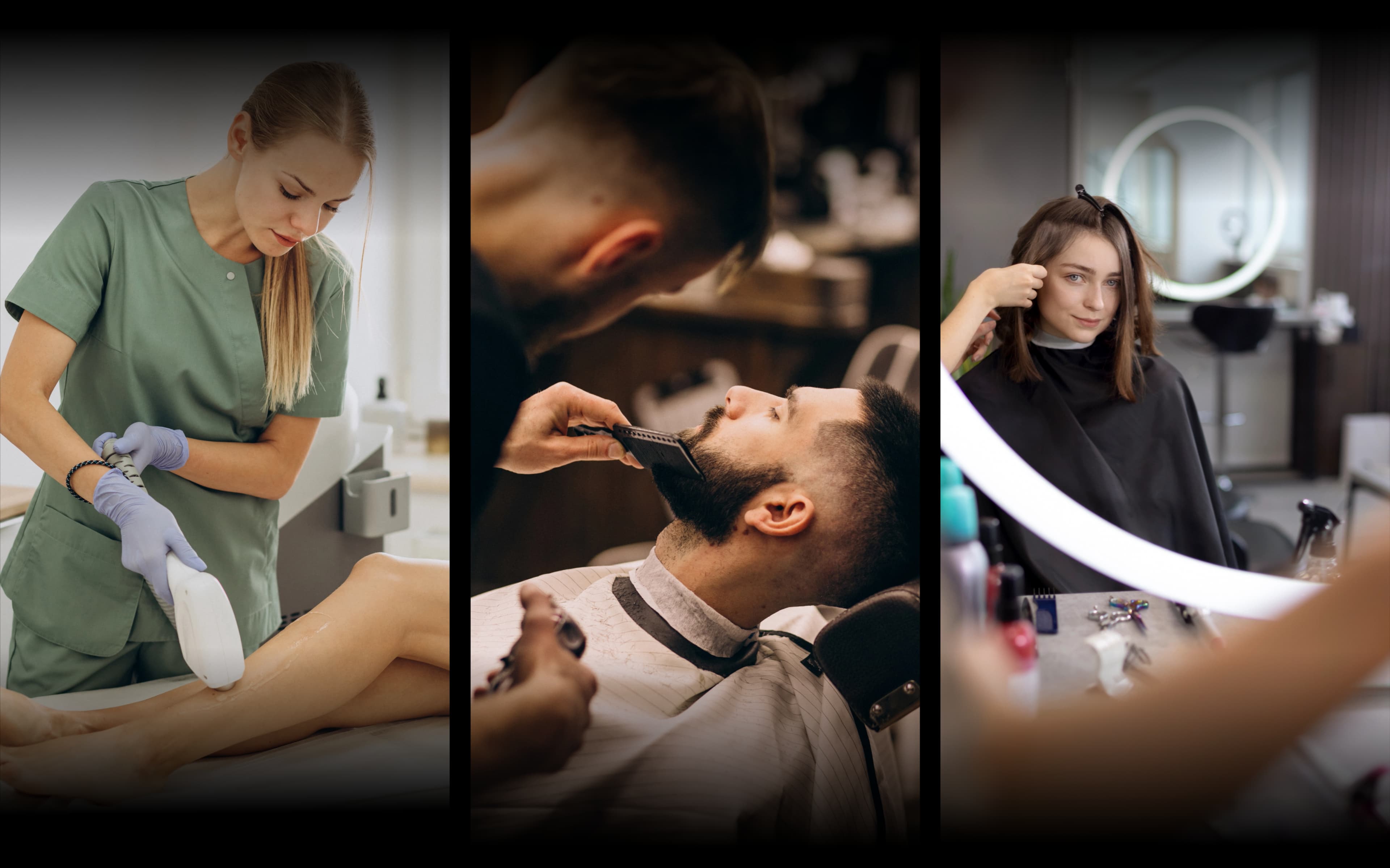 Profissionais de estética, barbearia e salão atendendo seus clientes